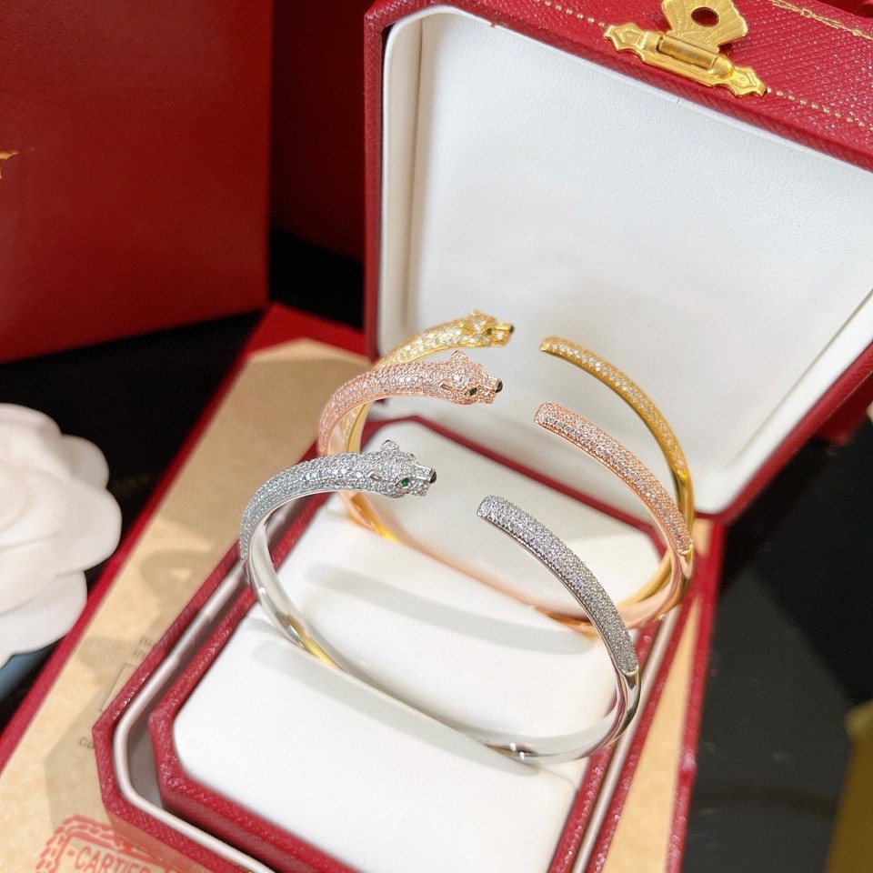 Luxury Bangle Panthere de Brand Designer Full Crystal Leopard Head Open Cuff Bangle For Women Jewelry With Box Party Gift