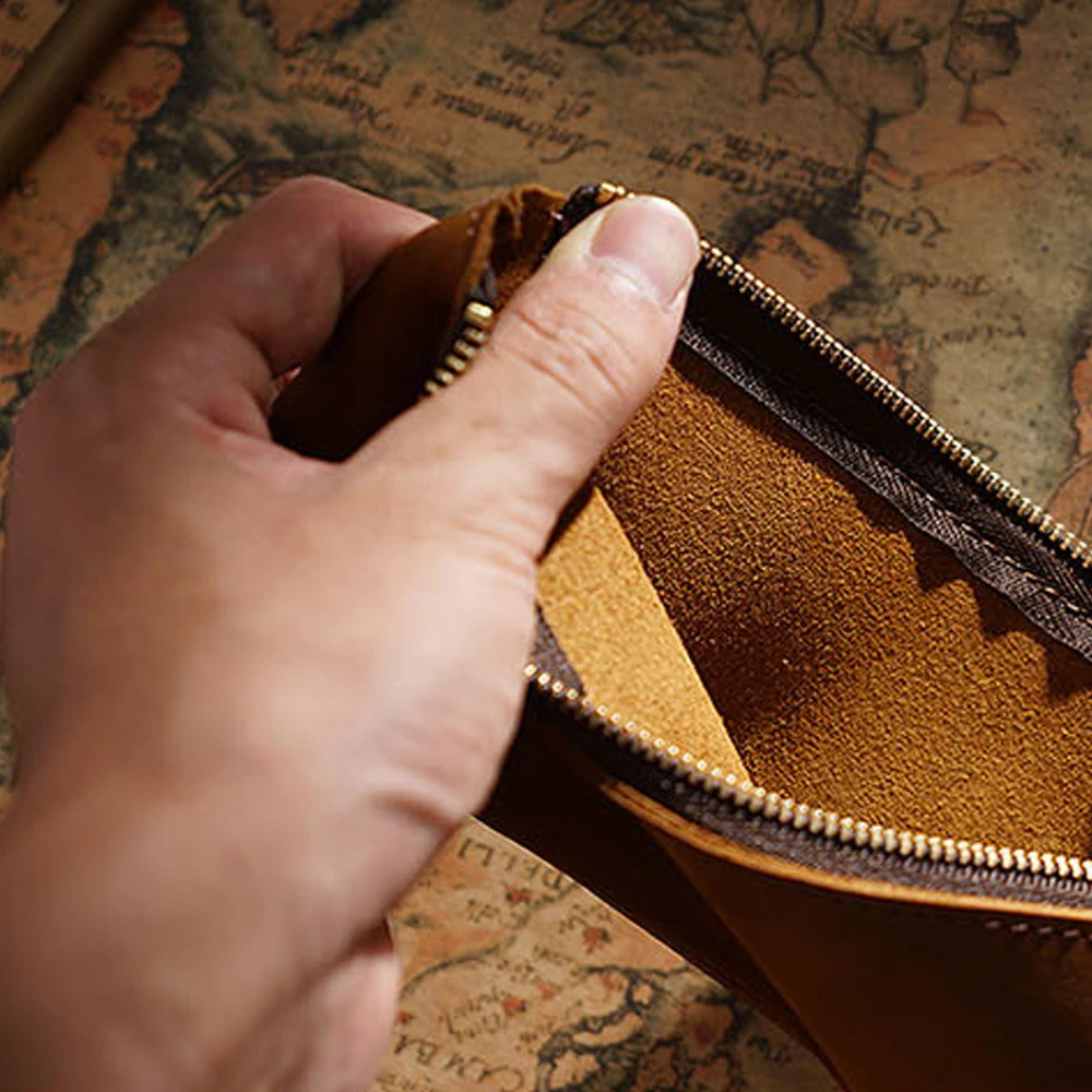 Vintage Genuine Leather Zippered Pencil Case Cowhide Stationery Organizer Pen Holder Writing Utensil Pouch Travel Accessory Bag 240826