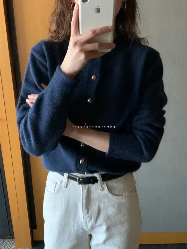 Knitted cardigan womens spring Korean loose solid color round neck sweater jacket 240827