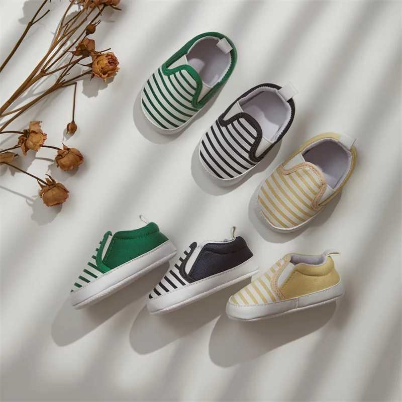 Tregren 0-18M baby flat shoes with striped print anti slip slider soft sole cute baby boots casual first walking shoes M240827