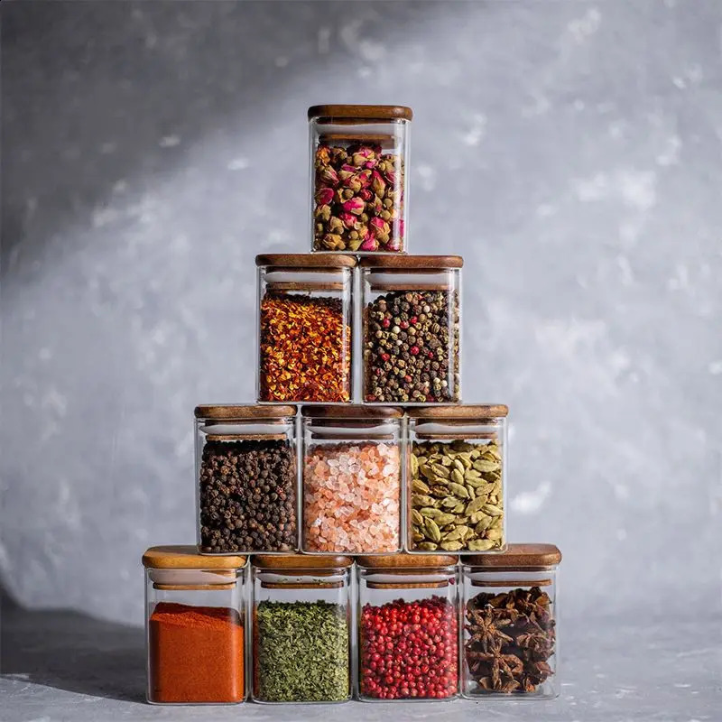 4 pieces of Acacia wood lid seasoning jar square transparent glass bottle kitchen storage salt spice restaurant sealed w240826