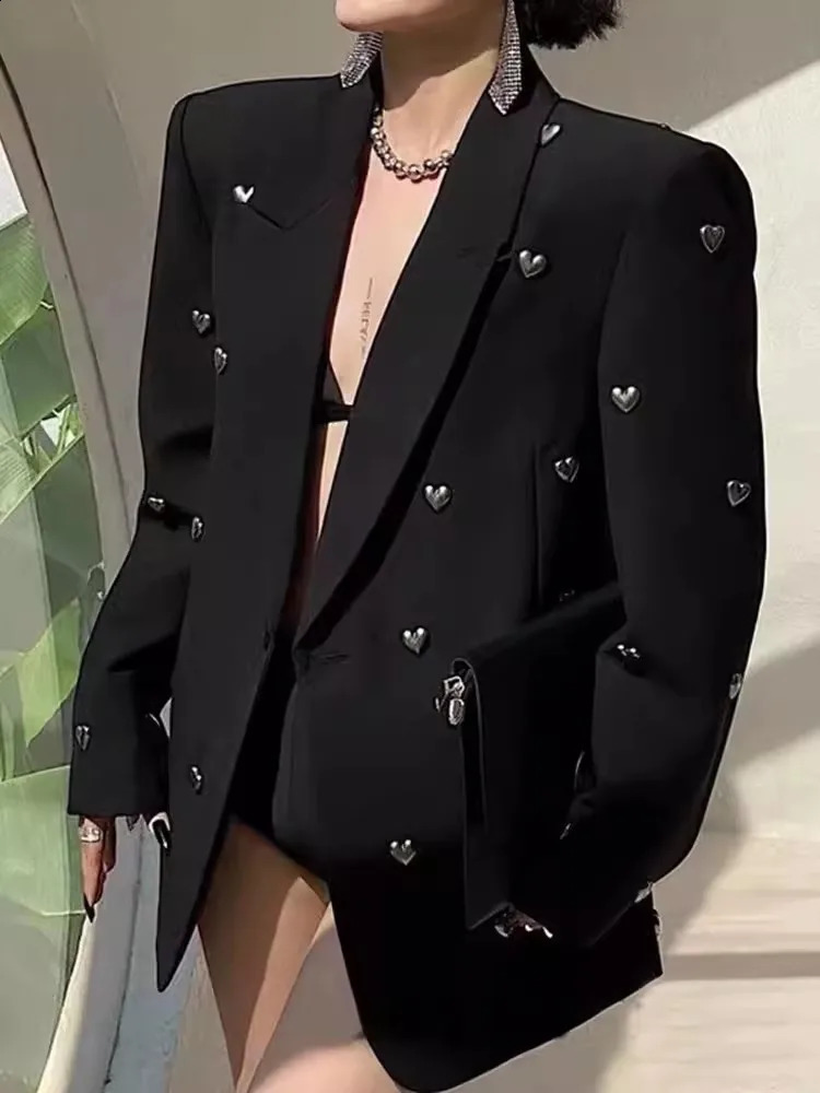 Spring Autumn Black Heavy Industry Dia-encrusted Suit Jacket Female High-end Sense Minority Street Blazer 240826