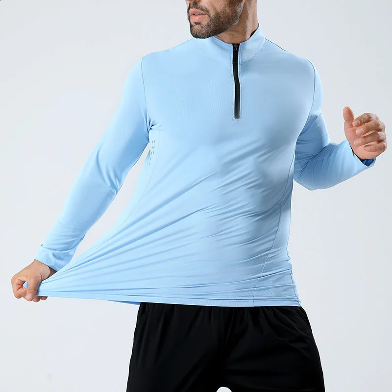 mens fitness suit polo shirt with half zipper thin running gym training wearing long sleeved quick drying elastic sports top for men 240827