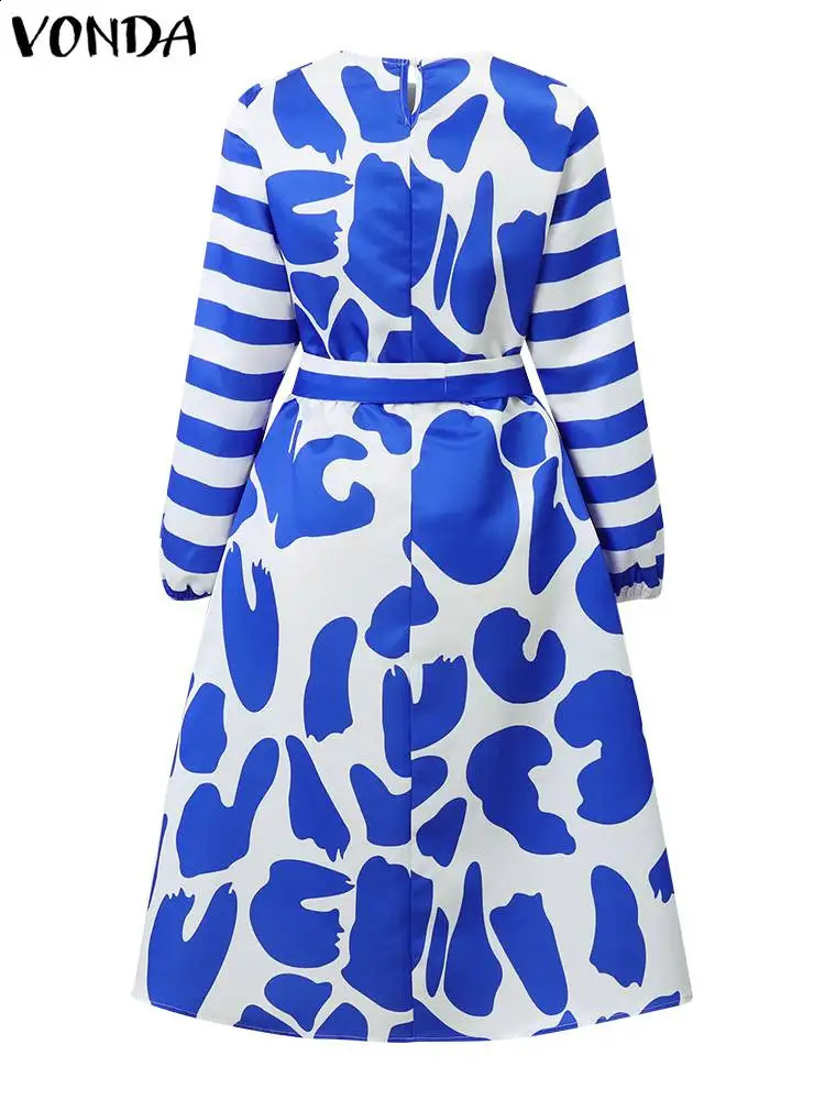 Plus Size 5XL VONDA Autumn Elegant Party Dress Long Sleeve Women Office Satin Silk Wedding Sundress Belted Casual Midi Vestidos 240827