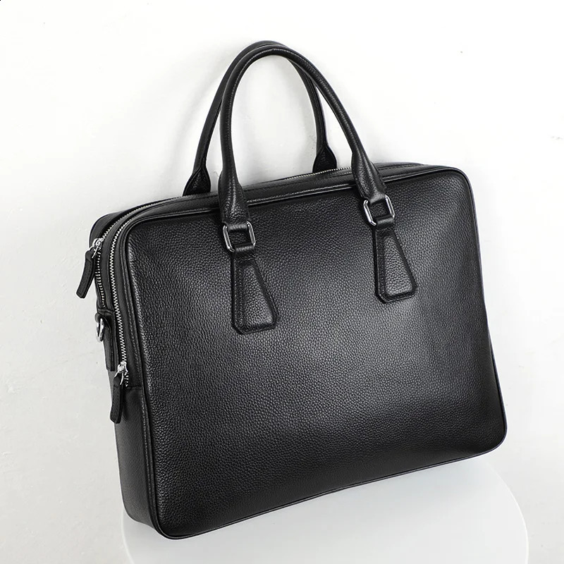 Double Zipper Briefcase Men Bag Genuine Leather Shoulder 14 inch Laptop Bags Large Capacity Handbag Business Mens 240827
