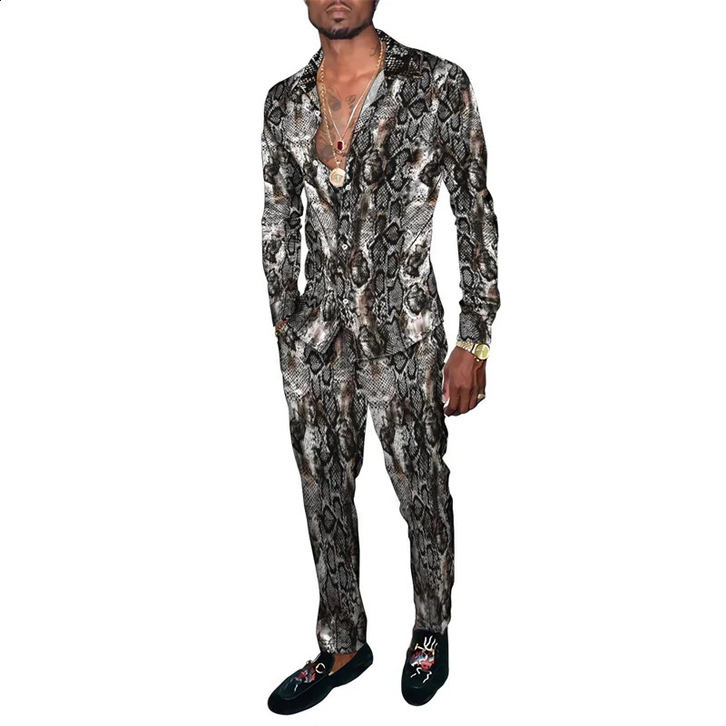 Spring and autumn animal snake skin 3D printed mens clothing set Tracksuit long sleeved shirt long pants two-piece clothing set 240827