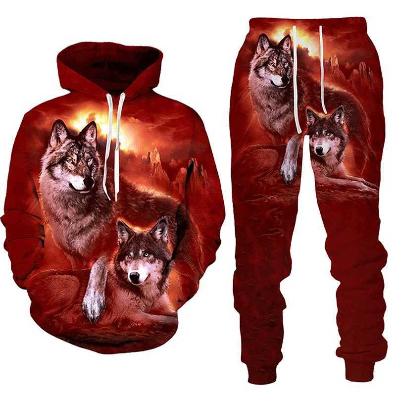 Men's Tracksuits New Forest Wolf 3D Printed Mens Hoodie Autumn/Winter Casual Fashion Sports Pants Track Clothing J240824