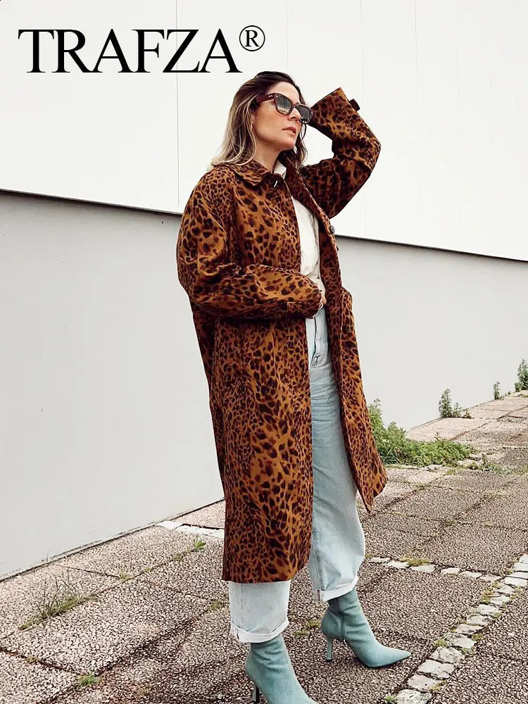 TRAFZA Womens Fashion Leopard Pattern Trench Coat Retro Long Sleeve Single Chest Jacket Street Clothing TRAF 240826