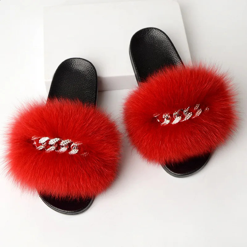 Summer womens slider womens real fox fur slider indoor fuzzy plush flip flat sandals fluffy home shoes womens arrival 240827