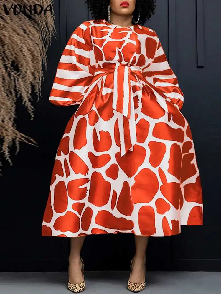 Plus Size 5XL VONDA Autumn Elegant Party Dress Long Sleeve Women Office Satin Silk Wedding Sundress Belted Casual Midi Vestidos 240827
