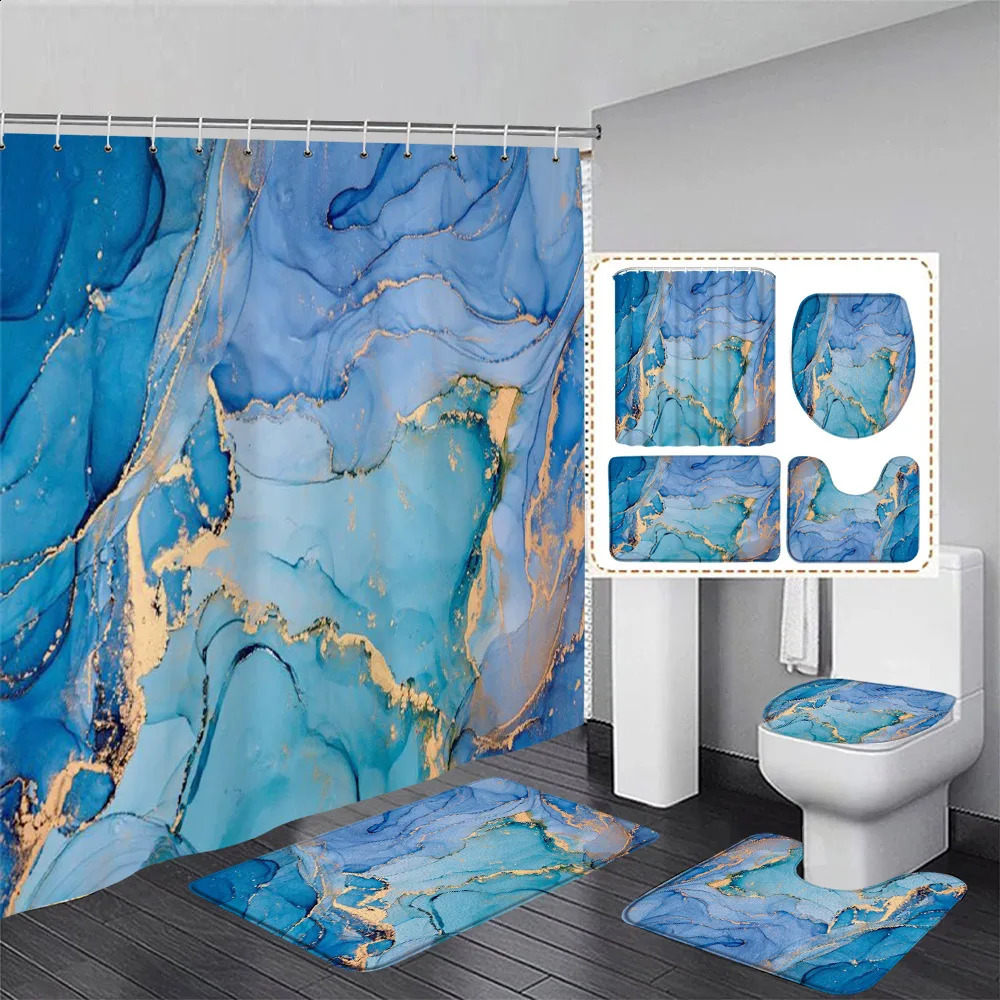 Abstract Blue Marble Shower Curtain Set Gold Line Ink Texture Art Modern Home Bathroom Decor Bath Mats Toilet Lid Cover 240826