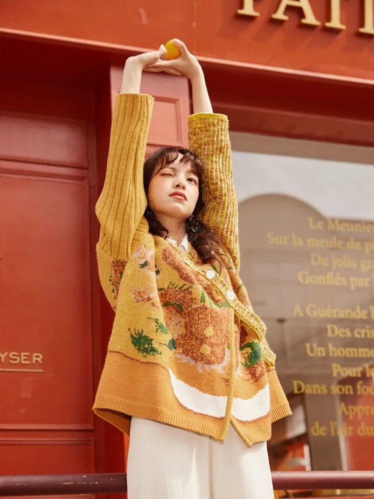 Vintage French Van Gogh Art Button Knitted Cardigan Womens Haruku Patch Work Aesthetics Jacket Pullover Kawaii Sweater Coat Y K