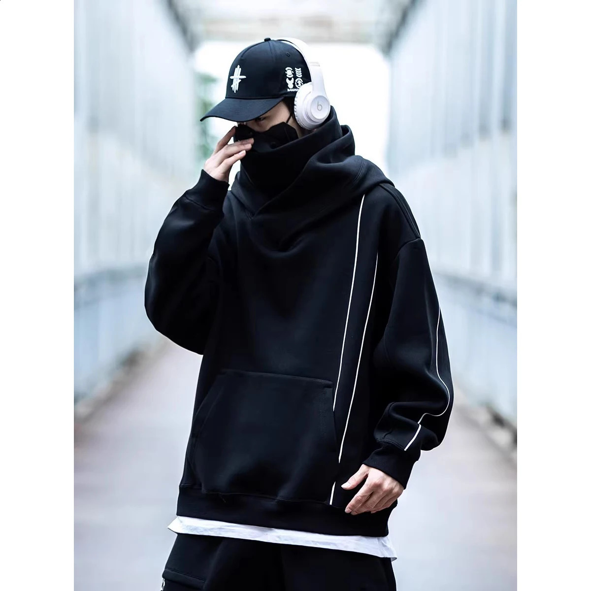 Double necklace Hoodie Techwear Harajuku mens functional Hoodies hiphop streetwear Pullover sweatshirt ultrafine cotton 240826
