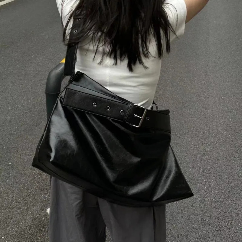 Xiuya Vintage Black Womens Tote Bag Large Capacity Solid Color Fashion Soft Pu Leather Shoulder Bag High Street Men Bag 240826