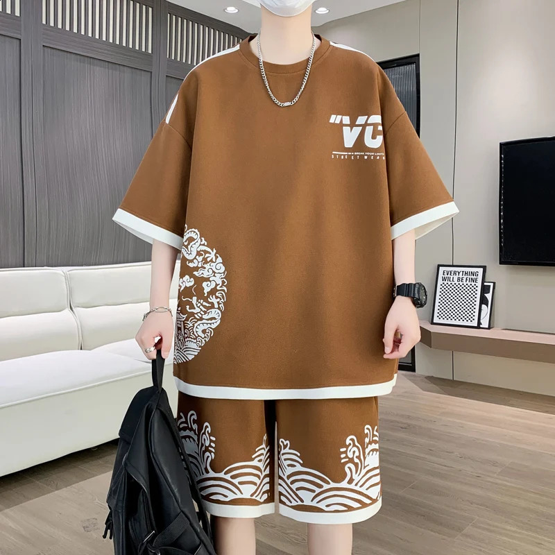 Summer short sleeved T-shirt casual sportswear paired with stylish and handsome mens two-piece sportswear 240827