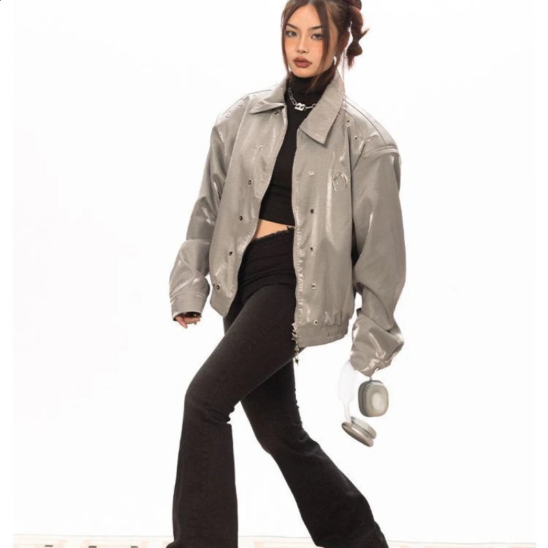 HOUZHOU Vintage Crop Leather Racing Jacket Women Y2k Streetwear Oversize Bomber Motorcycle Jackets Korean Fashion Autumn Winter 240827