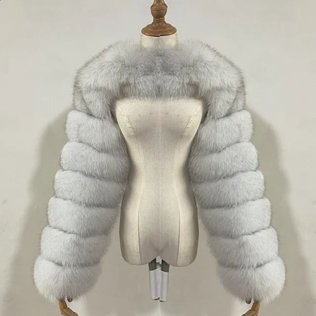 Womens ultra short synthetic fur leather jacket real raccoon silver red fashionable natural double sleeves 240826
