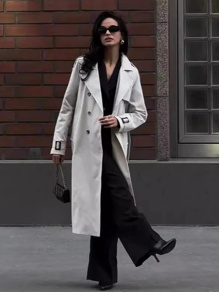 Trench coat womens double perforated autumn British style windbreaker with belt ultrathin jacket casual long 240826