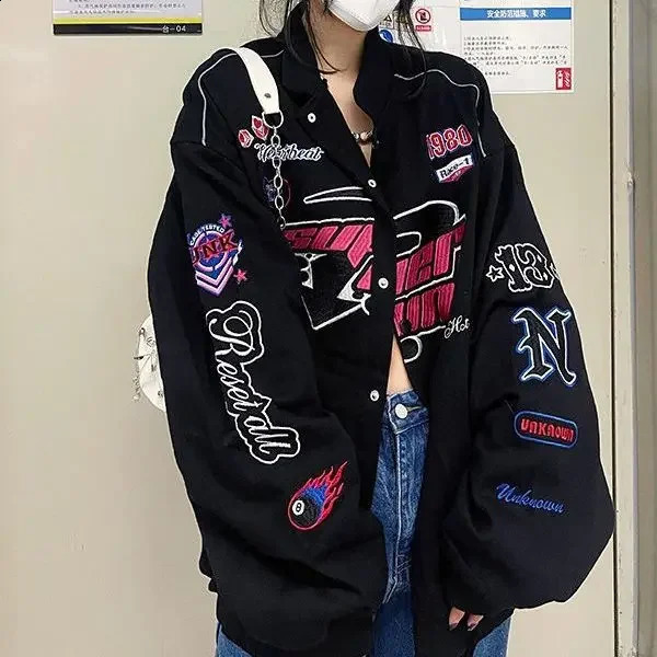 American Style Loose Fit Baseball Cap Embroidered Jacket Womens Spring Autumn Hong Kong Style Motorcycle Flying Clothes 240827