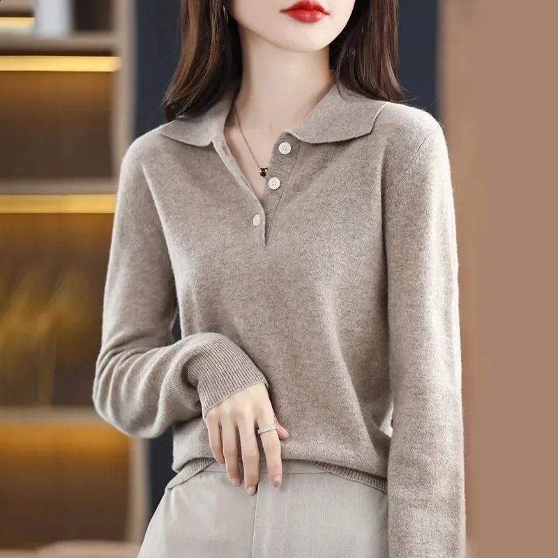 Womens Sweater Spring and Autumn Polo Collar Knitted Lanhua Long Sleeve Cashmere Free Jumping Bottom Shirt 240827