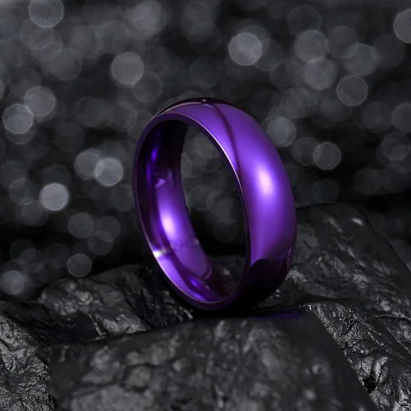 Simple 8mm mens stainless steel ring with purple matte finish polished edge engagement ring and mens wedding ring W240826