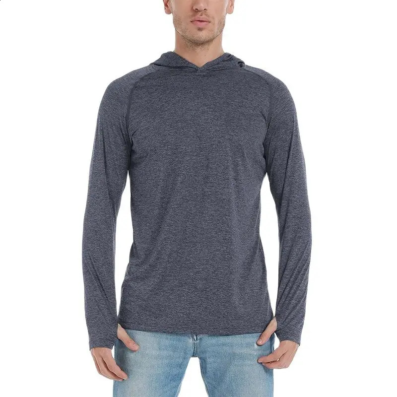 EKLENTSON Running Tshirt Mens UV Protective Thumbhole Long Sleeve Hoodie Quick Drying Sports Zipper 240827