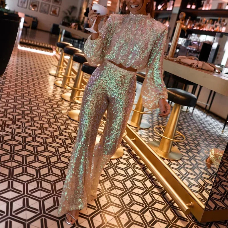 Women Flare Pants 2 Piece Suit Sexy Fashion Sequin Club Party Set Elegant Lantern Sleeve Tops Pullover High Waist Pant Outfits