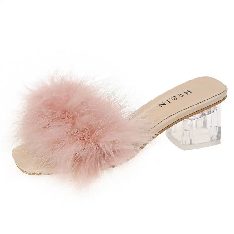 Mule sandals womens summer outdoor fashion slider square high heels office womens feather slider fashion classic suede shoes 240827