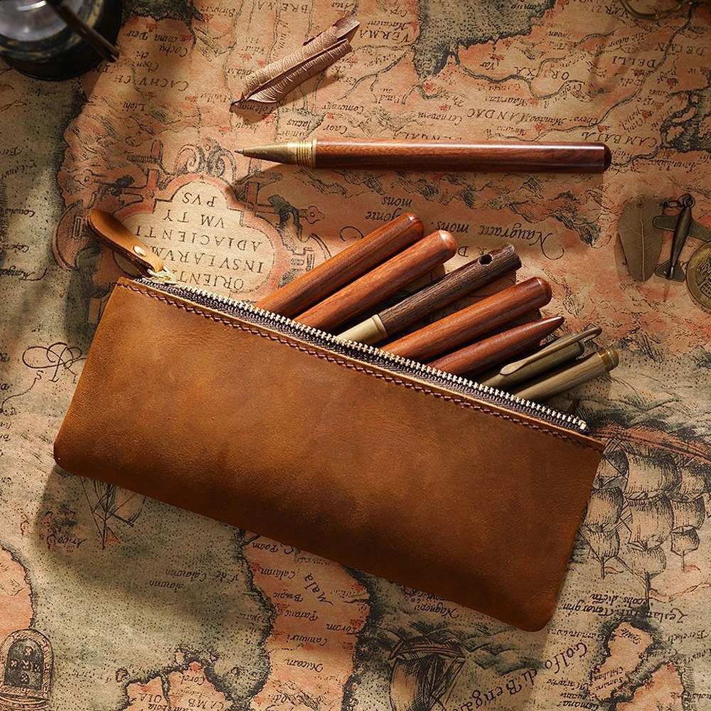 Vintage Genuine Leather Zippered Pencil Case Cowhide Stationery Organizer Pen Holder Writing Utensil Pouch Travel Accessory Bag 240826