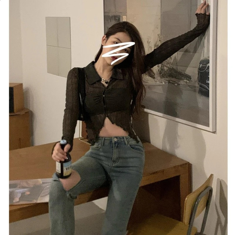 Sexy short sleeved womens streetwear Y2k clothing Harajuku polo neck long sleeved crop top ultra-thin club black shirt n elastic 240827
