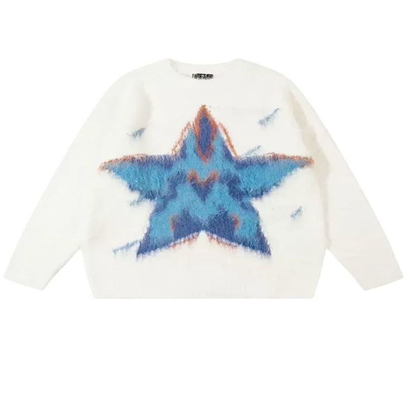 Womens white floral sweater Harajuku Korean Y2k long sleeved star skydiving knitted retro 2000s oversized autumn clothing w240826