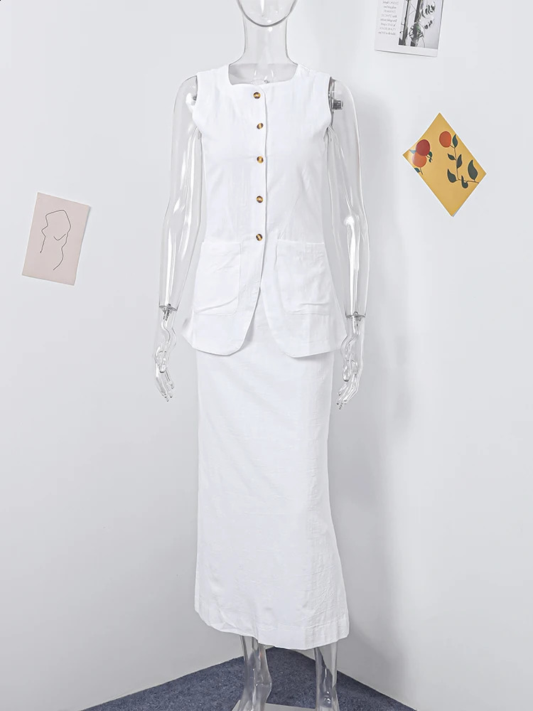 Elegant Waistcoat Skirts Sets Women White Single Breasted Top High Waist Midi Skirt Female Suit Sping Summer Lady Suits 240826