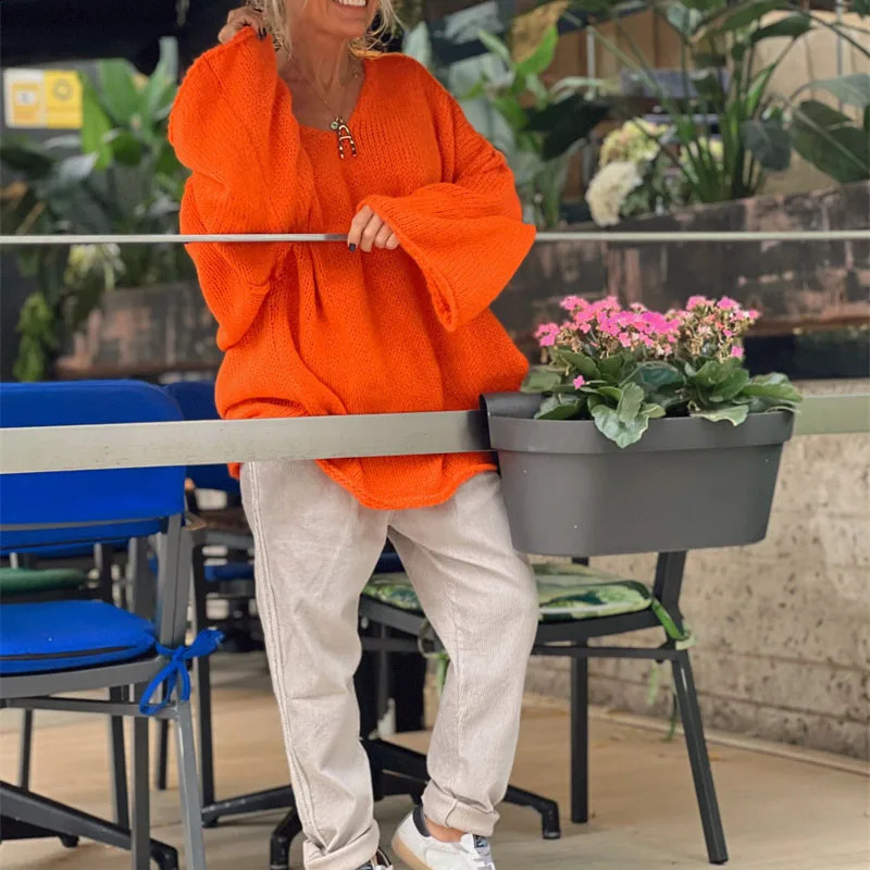 Womens Vneck loose knit sweater with floral casual streetwear solid color elegant long sleeved warm 240826