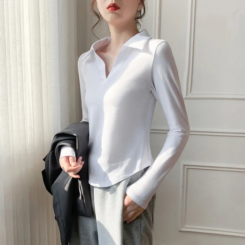 Korean fashion tight long sleeved T-shirt for womens autumn cotton lapel polo neck Y2k top for womens ultra-thin polo shirt 240827