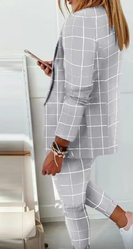 Office Two Piece Set for Women Shawl Collar Long Sleeve Daily Work Medium Stretch Plaid Print Blazer Drawstring Ol Pants Set 240826