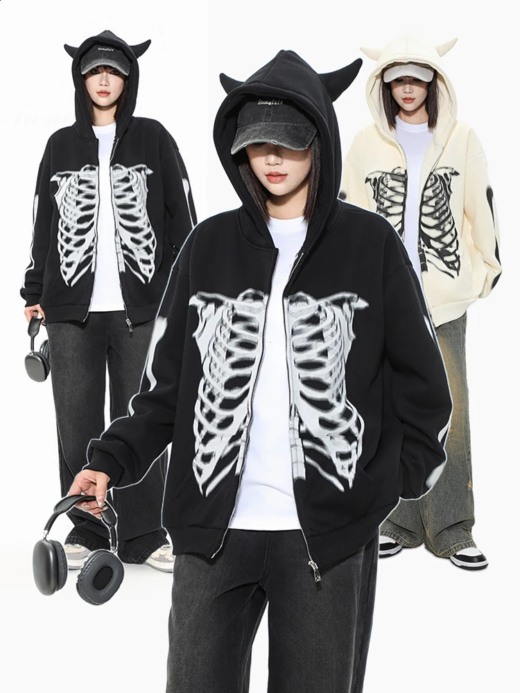 American hiphop graffiti printed velvet cardigan mens and womens fashion street horn hooded jacket European sweatshirt 240826