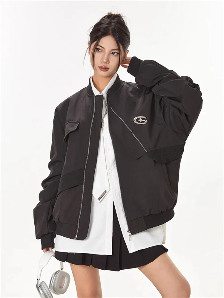 QWEEK Cyber Y2K Grey Bomber Jacket Womens Retro Street Clothing Oversized Harajuku Egirl 90s Black 240826