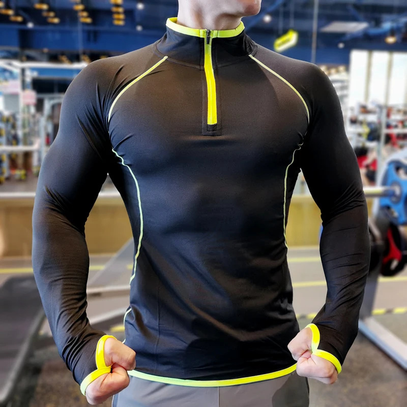 Spring Elastic Running Shirt for Mens Fitness Sports Long Sleeve Training Zipper Stand up Collar Tshirt 240827