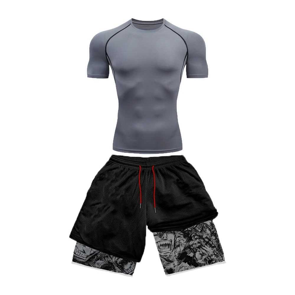 Mens compression set sportswear quick drying set tight short sleeved anime double-layer summer short sleeved X250129