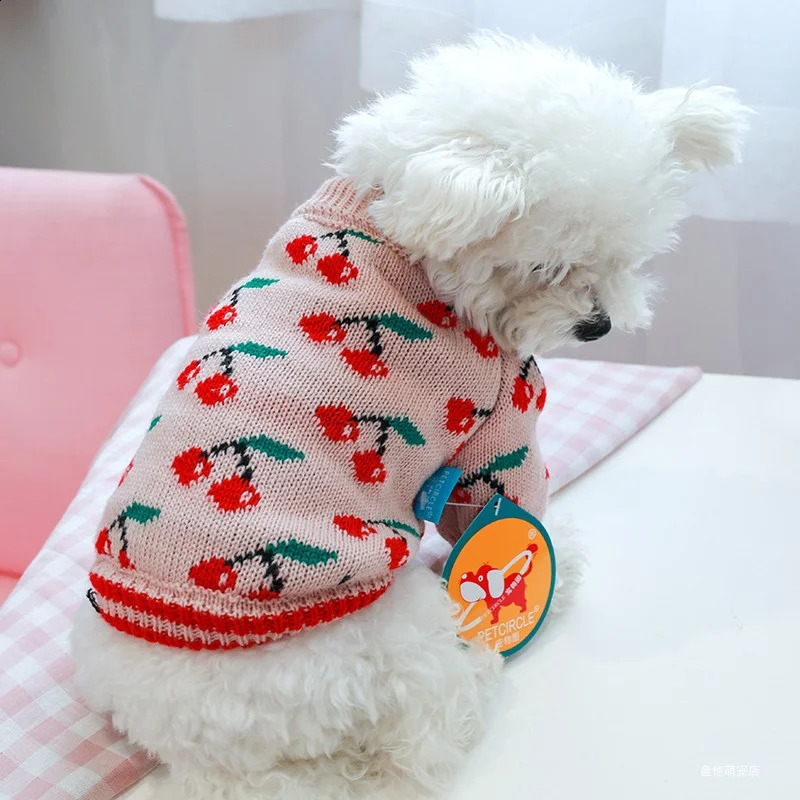 1PC Pet Clothing Cat Autumn Winter Thickened Warm Pink Cherry Elastic Pullover Knitted Sweater Suitable for Small and Medium Dog 240827