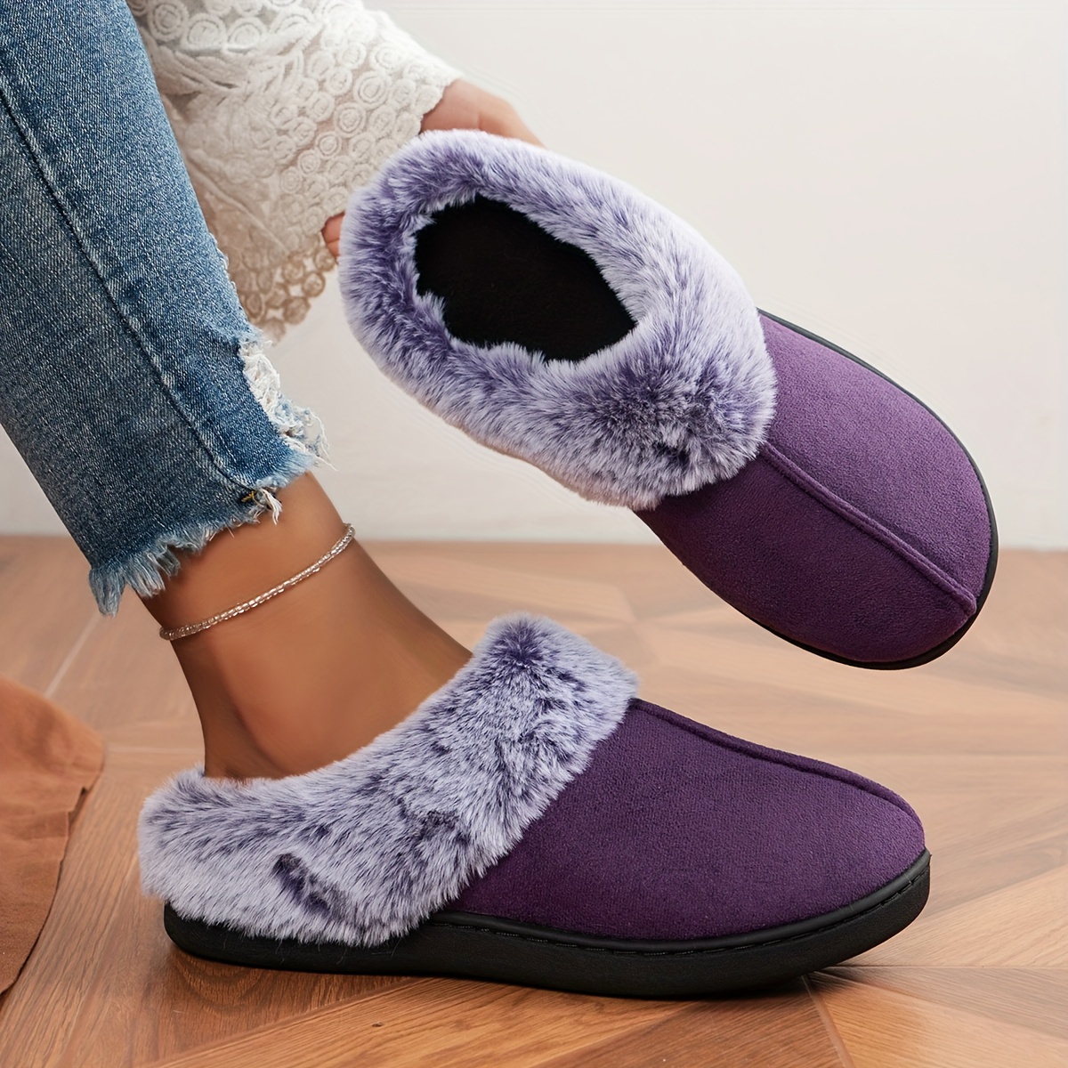 Fluffy Solid Color Cozy Slippers, Soft Sole Flat Closed Toe Plush Lined Shoes, Winter Non-slip Home Warm Shoes