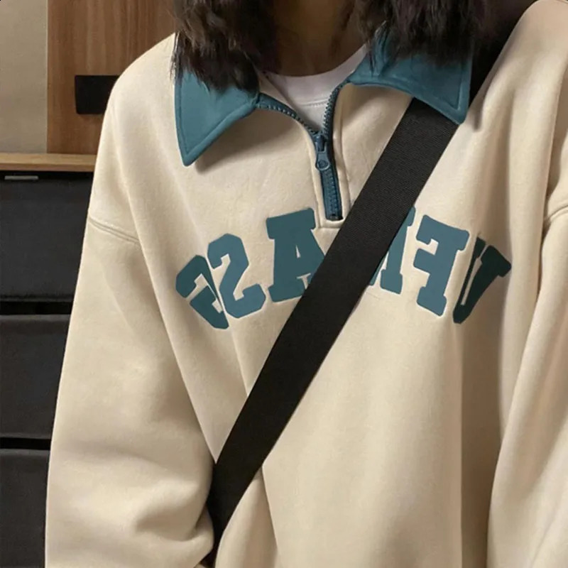 Polo collar hooded sweatshirt with letter printing for women thick autumn retro womens hooded sweatshirt casual long sleeved oversized top 240827