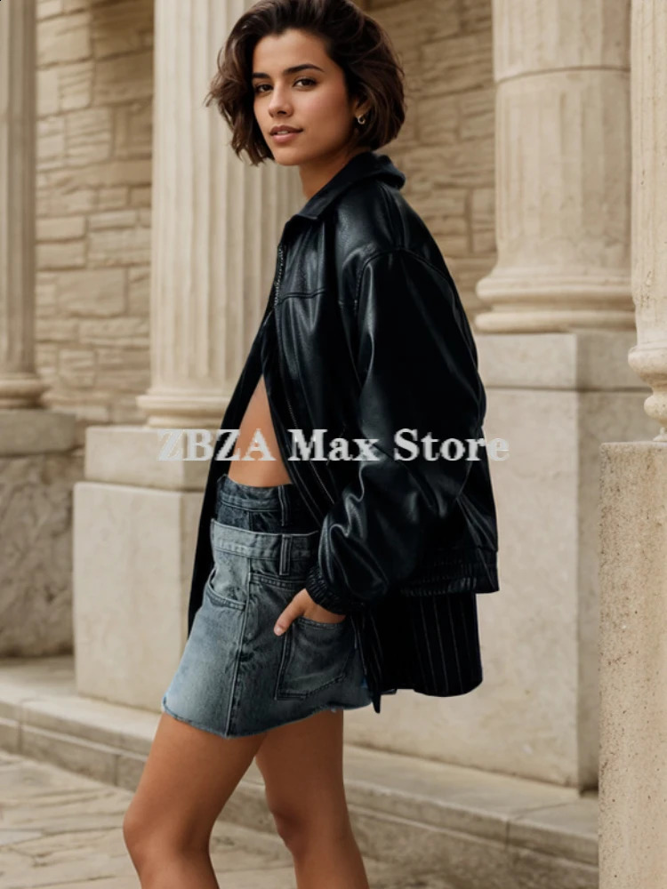 ZBZA Womens Artificial Leather Bomber Jacket with Collar Long Sleeve Zipper Pocket Elastic Hemp Coat Womens Fashion Coat 240827