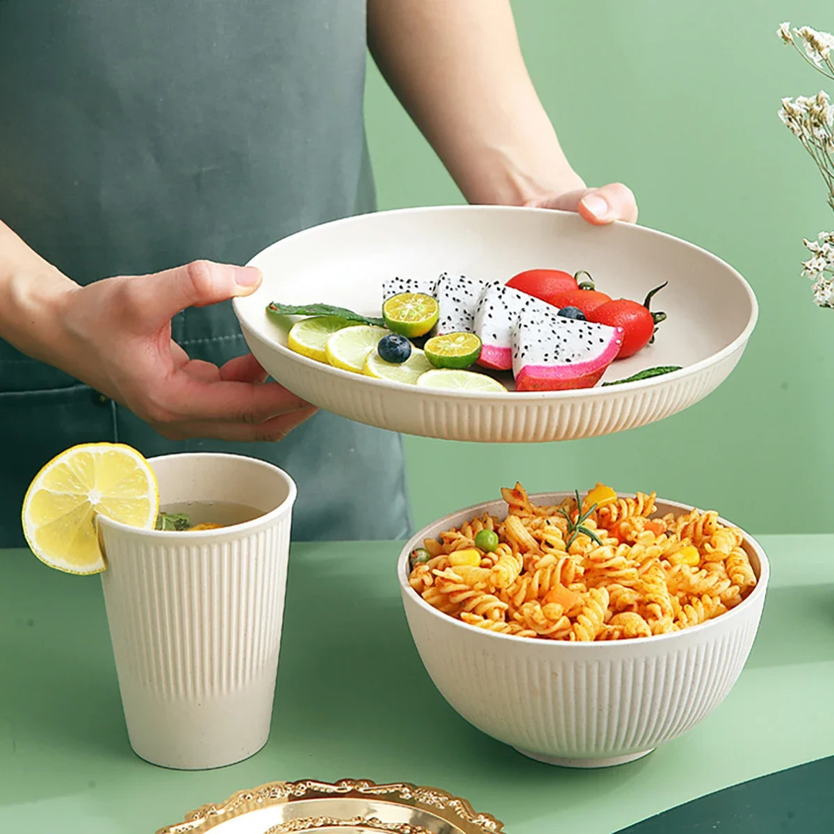 16 piece wheat straw table battle set bowl and plate portable picnic knife fork black tableware camping 240826