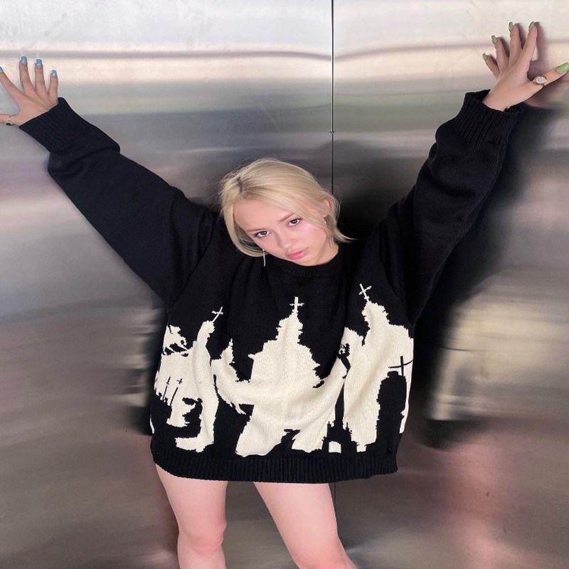 Hip hop mens womens retro Harajuku knitted sweater winter latte loose y2k Gothic Halloween EMO w240826