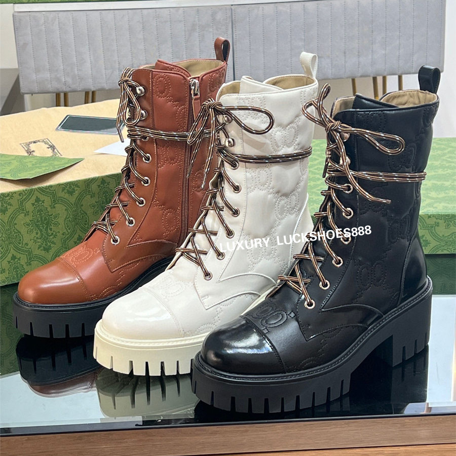 Top quality white hiking boot Chunky Block heel Ankle boots womens Lace-up Fashion Knight Motorcycle zip Patterned Combat boots 6cm luxury Designer booties 35-42