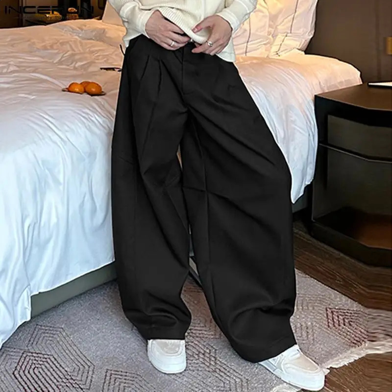 Mens Solid Color Button Jogger Loose Wrinkle Street Clothing Wide Leg Fashion Casual Pants S5XL INCERUN 240827
