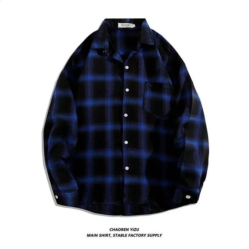 Vintage Plaid Shirts Oversize Basics Long Sleeve Turn-down Collar Pocket Loose Single Breasted Casual Thin Coat 240826