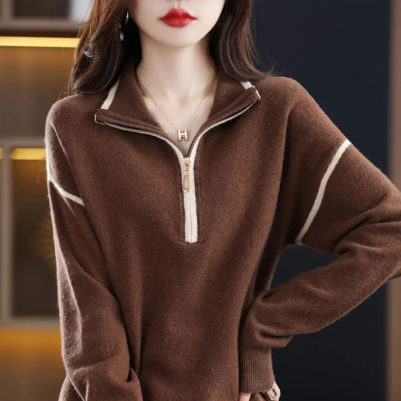 Streetwear Fashion Zipper Plain Collar Knitted Sweater Spring and Autumn Womens Wear Long Sleeve Loose Casual Zipper 240827