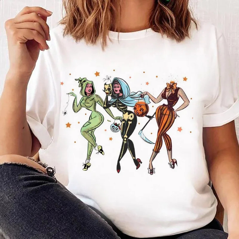 Vintage Halloween Ghost Pattern Kawaii T-shirt Short Sleeve Womens Printed Watercolor Fashion Top Womens T-shirt 240827